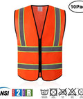 Hella Visible Construction Safety Vest With Reflective Tape Pack Of Ten in bright orange color with gray reflective stripes, XL size.
