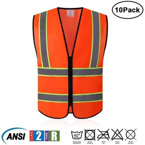 Hella Visible Construction Safety Vest With Reflective Tape Pack Of Ten in bright orange color with gray reflective stripes, XL size.