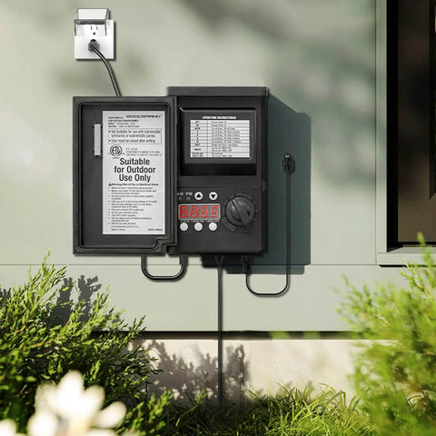Outdoor power pack with Photo Eye Light Sensor For Power Pack Transformers, Dusk To Dawn Auto On Off Switch, on a building wall.