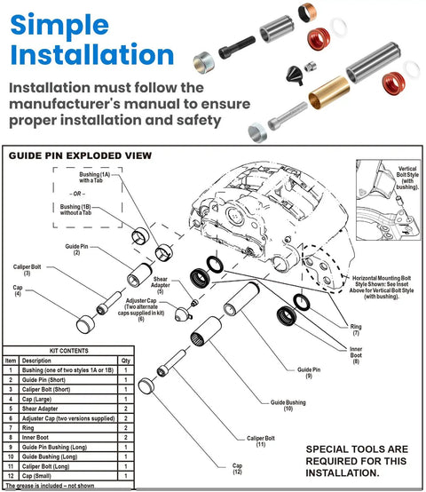 Exploded view of Beefed Up Guide Pin Kit For Bendix ADB22X Air Disc Brake Replacement Pack Direct OEM Replacement For Holland P89 Plus