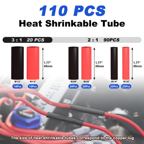 Heat shrink tubing sizes for Battery Cable Lug Crimping Tool Set For AWG 10 Up To One Zero, shown in black and red tubes.