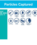 Diagram of particles captured by 16x20x1 Air Filter MPR 1200D MERV 11, showing lint, dust, pet dander, pollen, and smoke icons.