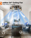 24 Inch Metal Caged Farmhouse Ceiling Fan With Warm White Lighting And Wireless Remote Low Profile Flush Mount Design delivering air circulation in a bright living room.