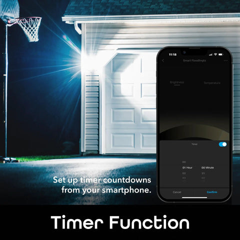 Smart Outdoor Floodlight Bulbs 2700K to 6500K Dimmable LED E26 PAR38 11W 1000 Lumens with timer function app on smartphone