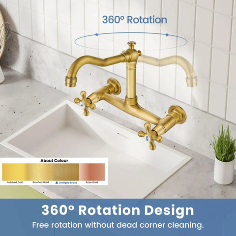 Commercial Wall Mounted Kitchen Faucet 8 Inch Center Mount With Double Cross Handles 360 Degree Rotatable Spout Antique Brass Finish Pro Grade Solid Brass Construction Built To Last For Utility Laundry And Restaurant Use showcasing 360-degree rotation over a sink.