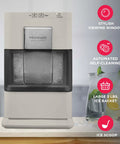 Cream Countertop Nugget Ice Maker With Visible Window And Sleek Touchscreen, featuring stylish design and self-cleaning functions.