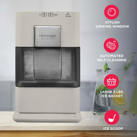Cream Countertop Nugget Ice Maker With Visible Window And Sleek Touchscreen, featuring stylish design and self-cleaning functions.