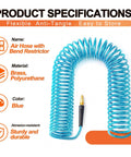 Heavy Duty 1/4 Inch X 25 Foot Blue Coiled Air Hose Quick Connect Coupler Automatic Sweet Snap Action zero tangle polyurethane build.