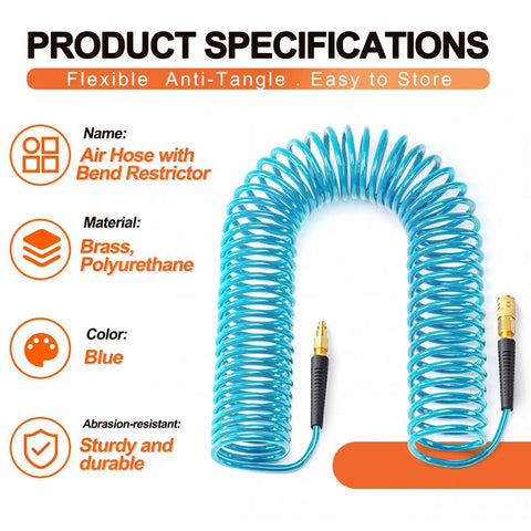 Heavy Duty 1/4 Inch X 25 Foot Blue Coiled Air Hose Quick Connect Coupler Automatic Sweet Snap Action zero tangle polyurethane build.