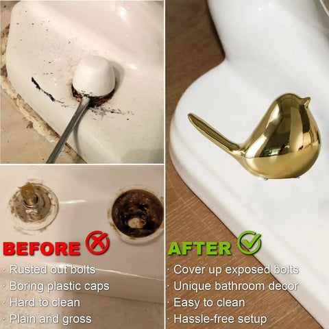 Gold Ceramic Bird Toilet Bolt Covers Set Of 2 Decorative Toilet Bolt Caps For Bottom Of Toilet Easy Install Bathroom Decor Accessories Cute And Functional showing installation before and after.