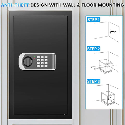 Front view of the Huge 6.0 Cuft Home Safe Box with Fireproof Waterproof Bag Digital Security Safe and installation steps.