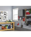 Powder Coated Metal FastTrack Garage Hooks Set Universal Hanging Organizer holding various tools and accessories.