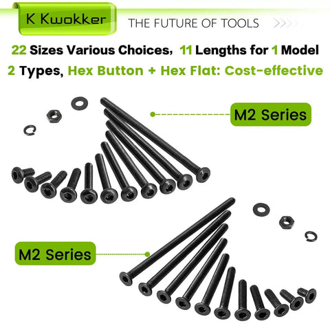 M2 Screw Kit 4mm To 40mm With Button Head And Flat Head Zinc Plated Screws displayed in multiple sizes and types
