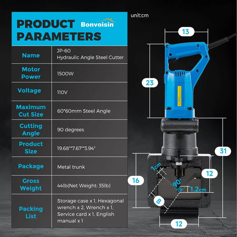 Bonvoisin 1500W Hydraulic Angle Iron Steel Cutter with dimensions, showing cutting capacity and features for portable electric use.