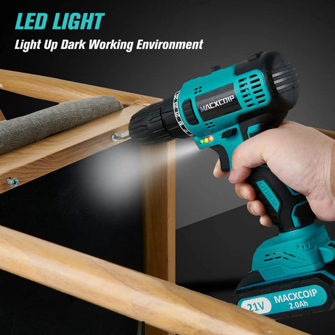 Brushless 21V Cordless Drill Kit With Three Eighths Inch Keyless Chuck 300 InLb Torque in use on wooden furniture