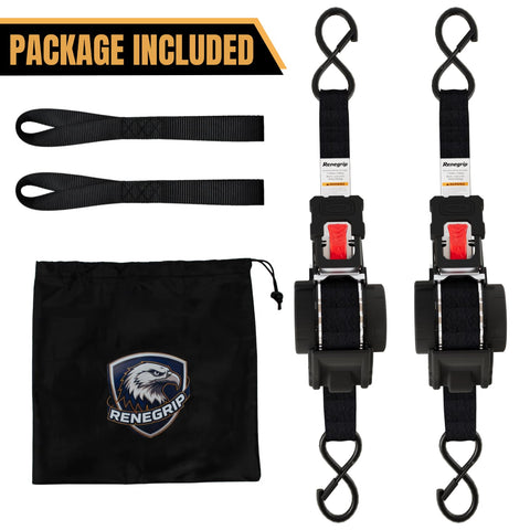 Package of heavy duty 1 inch by 12 foot retractable ratchet straps with 1760 pound break strength, bag, and accessories, 2 pack black