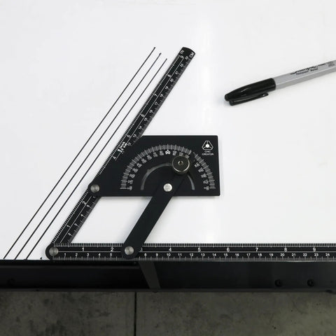 Heavy Duty Anodized Aluminum Angle Finder Protractor 0 To 180 Degrees For Tube And Sheet Metal Bending Layout With Quick Twist Lock Knob 20 Inch Arm on a white surface.