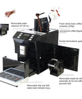 No Sweat Fully Automatic Espresso Machine One Touch Operation showing removable water reservoir, drip tray, and dual thermoblock system.
