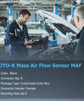 Mechanic inspecting car with OTO-K Mass Air Flow Sensor MAF Plug And Play Direct Fit Replacement for GM 2010-2024 vehicles