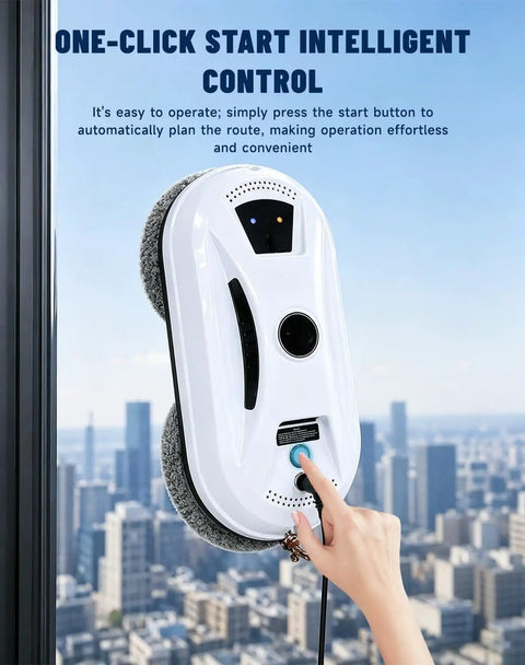 Automatic Window Cleaning Robot With AI Navigation And Edge Detection shown on high-rise glass window in cityscape setting