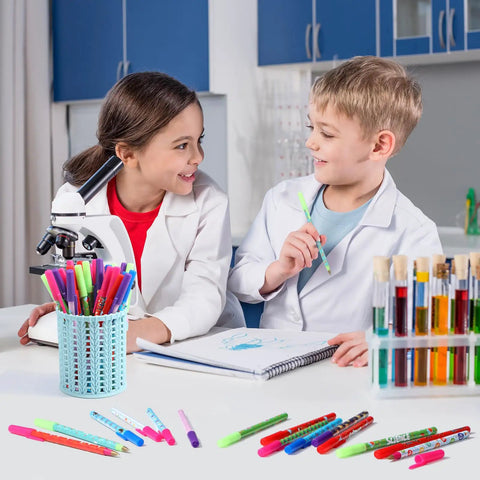 Children with 48 Pieces Science Pens Bulk Set With 12 Designs Black Ink 0.5mm Ballpoint Pens in a science lab setting
