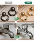 Before and after comparison of cleaned metal fixtures, showcasing transformation from tarnished to shiny appearance.