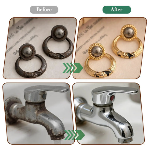 Before and after comparison of cleaned metal fixtures, showcasing transformation from tarnished to shiny appearance.