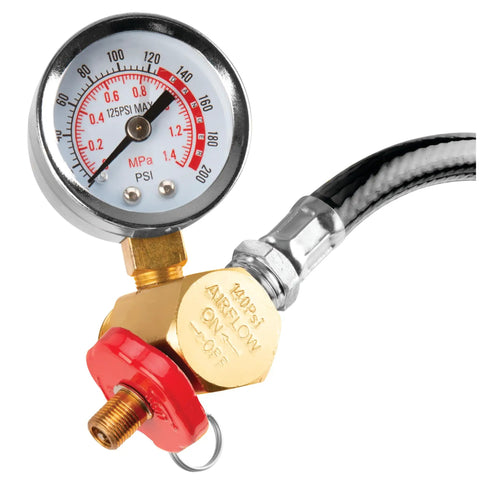 Close-up of pressure gauge and dial on Hi-Viz 11-Gallon Horizontal Portable Air Tank for tire inflation up to 125 PSI