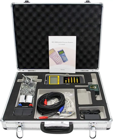 Case with handheld ultrasonic flow meter, clamp-on sensor for pipes DN15 to 700mm, portable, pro-grade, high accuracy tools.