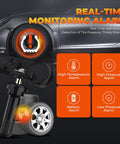 Ford TPMS Sensors 4 Pack 315MHz Tire Pressure Monitoring System Replacement Kit For C-Max EcoSport Edge Escape E-Series And More Great For Your Truck SUV Or Van, shown with real-time pressure and temperature alerts
