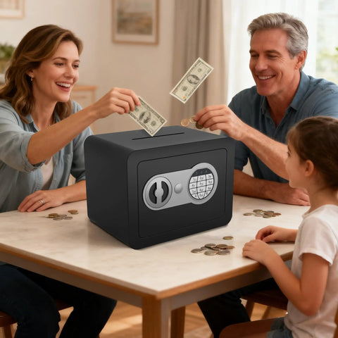 Family using Slick Compact Home Safe Box With Coin Slot And Digital Keyboard Personal Safe For Money Cash And Documents