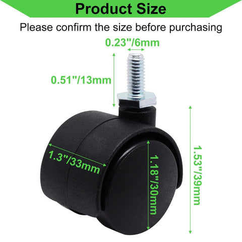 Side view of a 1 Inch Stem Swivel Casters Set Of 4, M6 Threaded Stem, 360 Degree Rotation, Heavy Duty Replacement Castor with dimensions