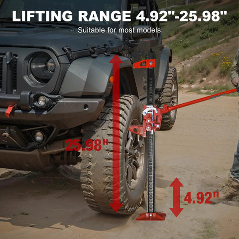 33 Inch Ratcheting Off Road Utility Farm Jack 3 Ton Capacity With Lift Range 5.12 To 26.38 Inches Multi Directional Use Vertical Or Horizontal For Off Road Adventures Farm Work Emergency Rescue And Rugged Terrain lifting a vehicle