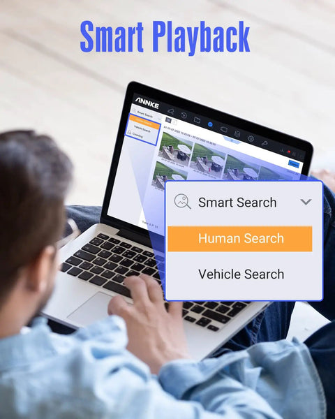 Person using laptop for Smart Playback with 5 In 1 8 Channel Hybrid Security DVR With H265 Plus, AI Human and Vehicle Detection.