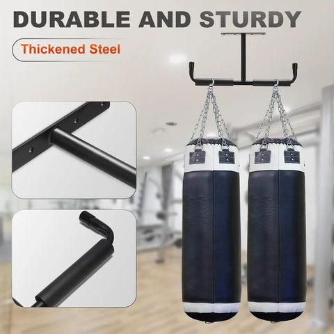 Heavy-duty ceiling mount with two punching bags on thickened steel bar in gym. Four Pack Upgraded Overhead Garage Storage Racks Ceiling Mount System Durable Rust Resistant Shelves For Ladders, Bikes, Tires, Tools, Ski Gear And Lumber With High Weight Capacity And Anti Slip EVA Pads.