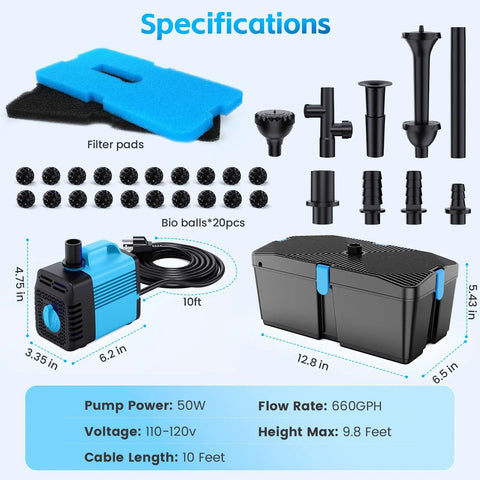 Specifications of Pond Filter With Fountain Pump Kit 660 GPH, showing pump, filter pads, bio balls, and fountain heads