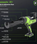 Cordless 24V Caulk Gun With 10 Oz Capacity, 6 Speed Variable Flow, Anti Drip Design, Amped Up Power For Smooth Seals shown with features