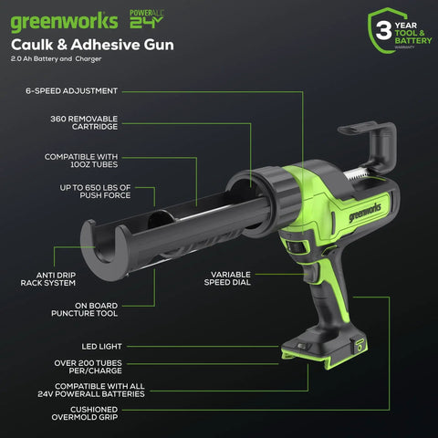Cordless 24V Caulk Gun With 10 Oz Capacity, 6 Speed Variable Flow, Anti Drip Design, Amped Up Power For Smooth Seals shown with features