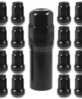 Heavy Duty 21 Piece Steel Wheel Lug Nuts With Anti Theft Hex Design showing a set of 21 black steel lock nuts and hex key.
