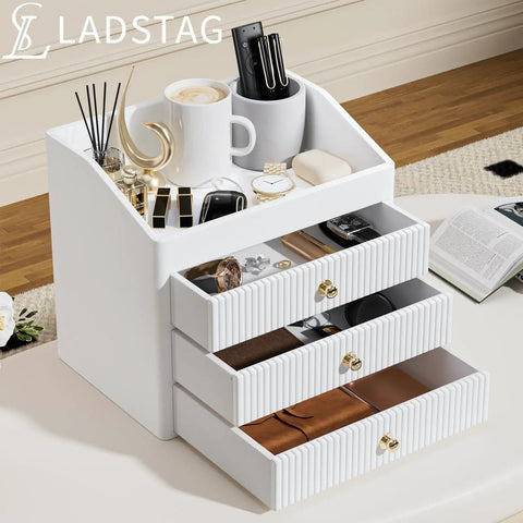 Beige White Vegan Leather Office Organizer With Three Drawers And Tray, Perfume And Jewelry Storage, Gold Tone Metal Knob Accent