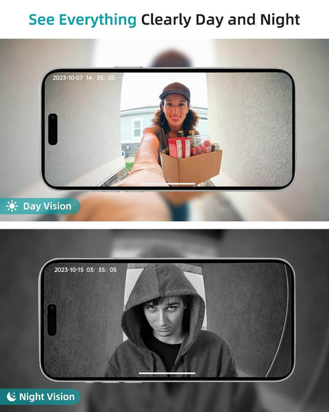 Wireless Battery Powered 2K Video Doorbell showing clear day and night vision with person and package on screen