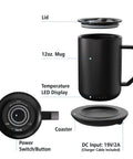 Premium Self Heating Rechargeable Coffee Mug With Precise Temperature Control And A Leak Proof Lid, 12oz black stainless design with lid and coaster.