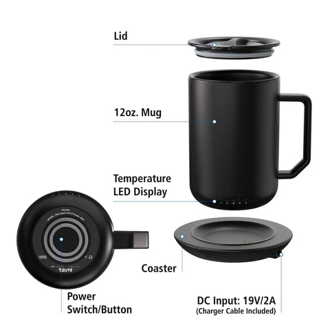 Premium Self Heating Rechargeable Coffee Mug With Precise Temperature Control And A Leak Proof Lid Keeps Your Favorite Brew Toasty And Game Changing For Office Or Truck with lid, 12oz mug, and coaster.