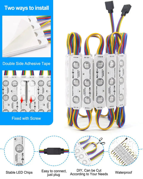 LED Window Lights For Storefront Advertising 12V 5050 RGB LED Modules with adhesive and screw mount options displayed.