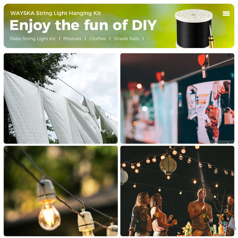 Outdoor String Light Hanging Kit With 250 Ft Nylon Coated 304 Stainless Wire Rope Turnbuckles And Hooks Easy Install All In One Guide Wire Set For Garden Patio Backyard Decor Weddings Cafes And Indoor Displays