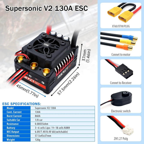 Supersonic V2 130A Beefed Up Brushless ESC With Overheat Protection for 1/8 Scale RC Cars, includes XT60/XT90 plug and sensor mode.