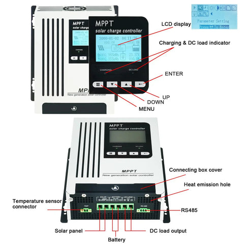 Slick 96V 45A MPPT Solar Charge Controller With Hella Efficient Lithium Battery Reactivation showing LCD display and connectors.