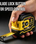 2-in-1 Laser Tape Measure, 197 FT Laser Distance Meter & 16 FT Tape, in hand showing blade lock button for speed control.
