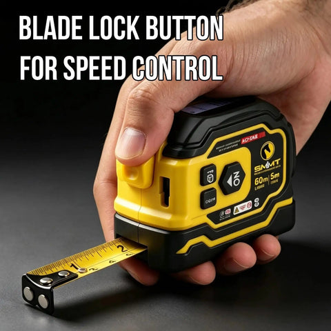 2-in-1 Laser Tape Measure, 197 FT Laser Distance Meter & 16 FT Tape, in hand showing blade lock button for speed control.