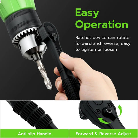 Smooth Operation Universal Ratchet Drill Chuck Key Wrench Set With Dual Socket Heads And Rock Solid Magnetic Grip that shows ratchet operation with chuck key.